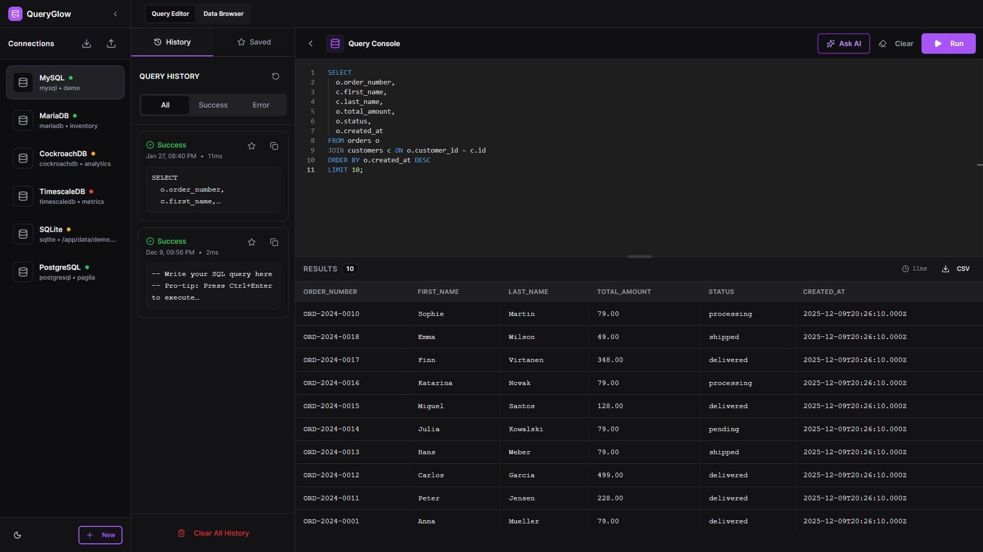 QueryGlow interface showing MySQL query results