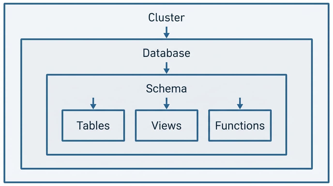 PostgreSQL schema hierarchy diagram showing database and schema organization