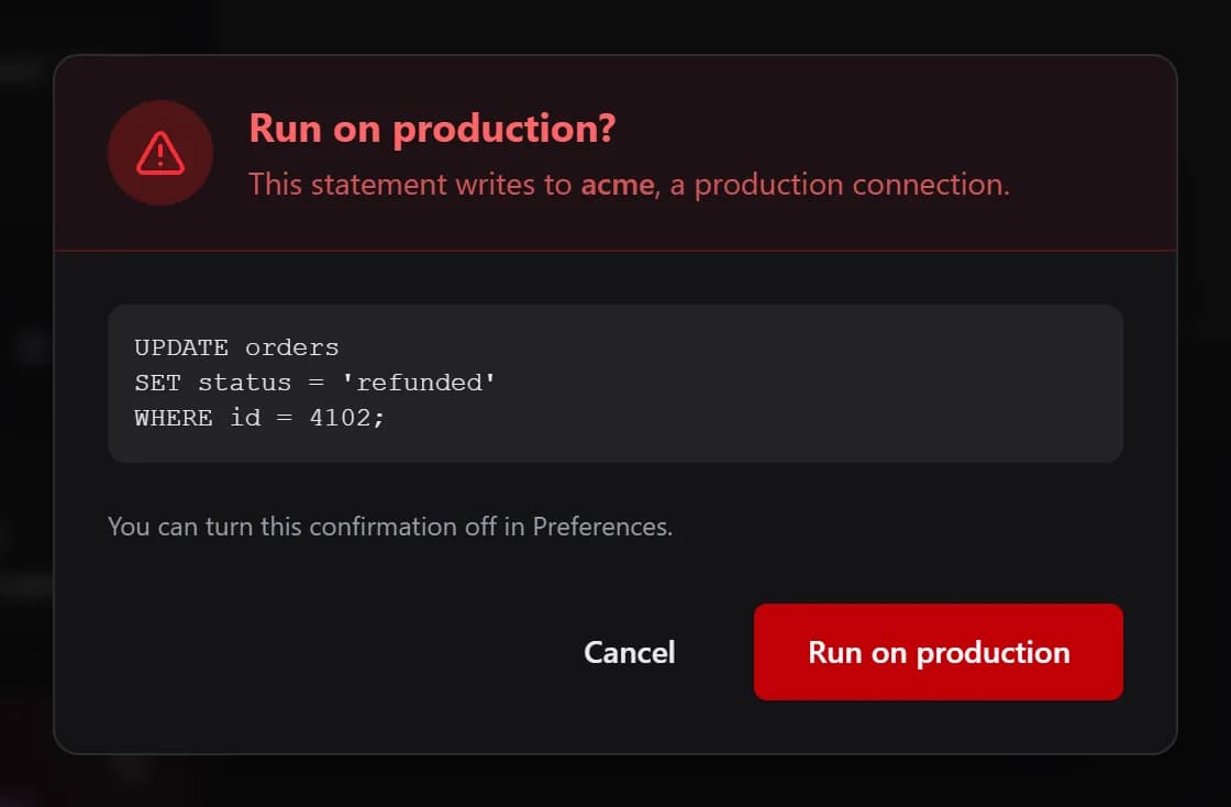 Run on production? dialog showing an UPDATE statement for a production connection, with Cancel and Run on production buttons