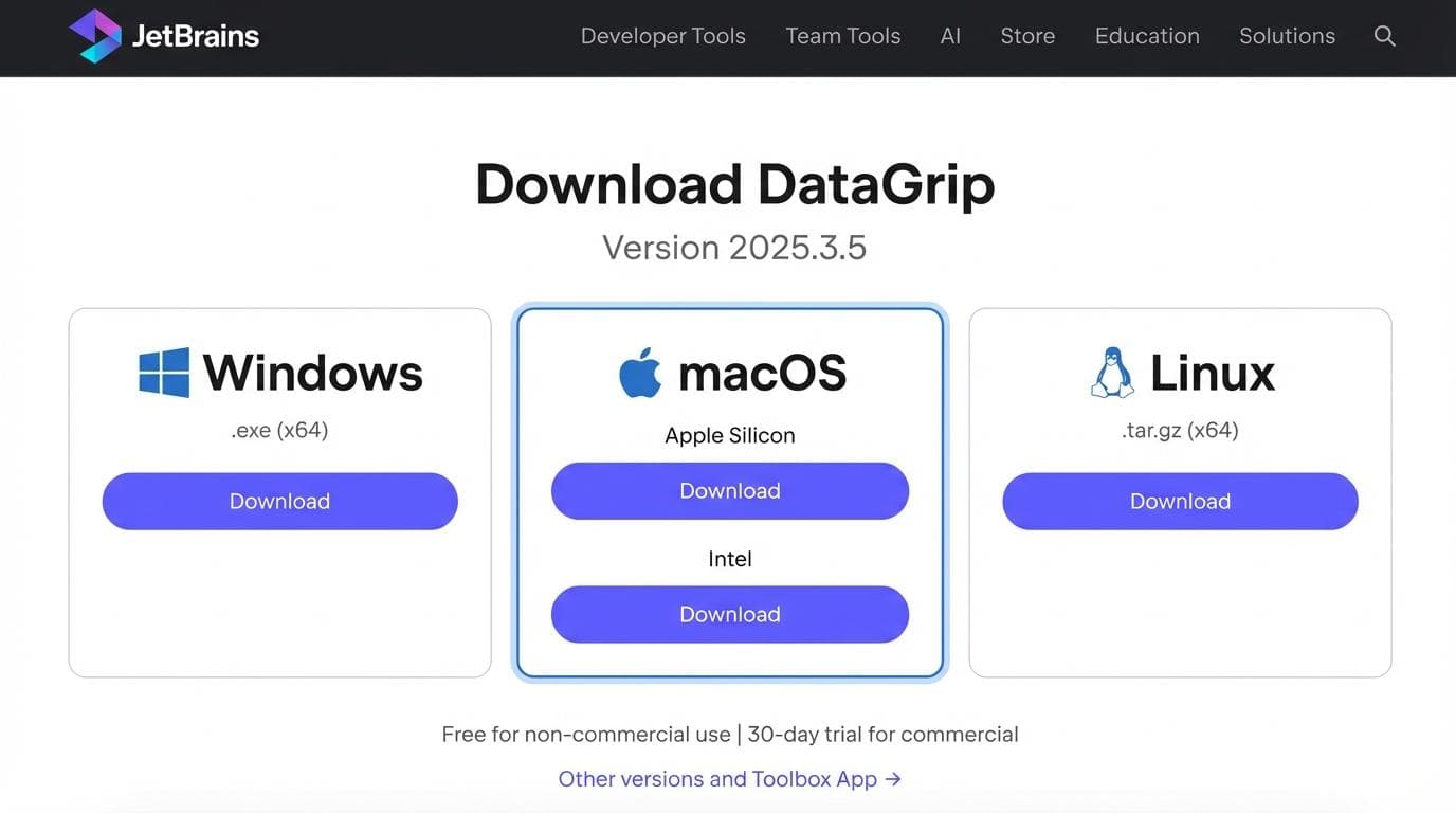 Screenshot of official DataGrip download page with OS options highlighted