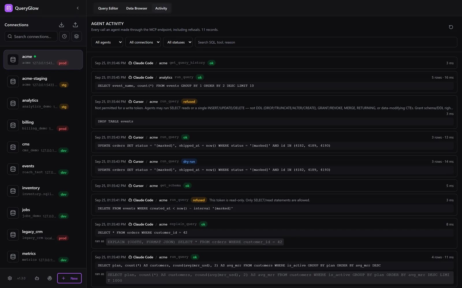 QueryGlow Activity tab listing agent calls from Claude Code and Cursor tokens with time, connection, SQL, outcome and duration, including two refused calls