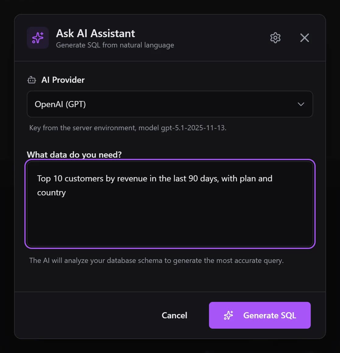 QueryGlow Ask AI Assistant dialog with the AI Provider select, a typed prompt and the Generate SQL button