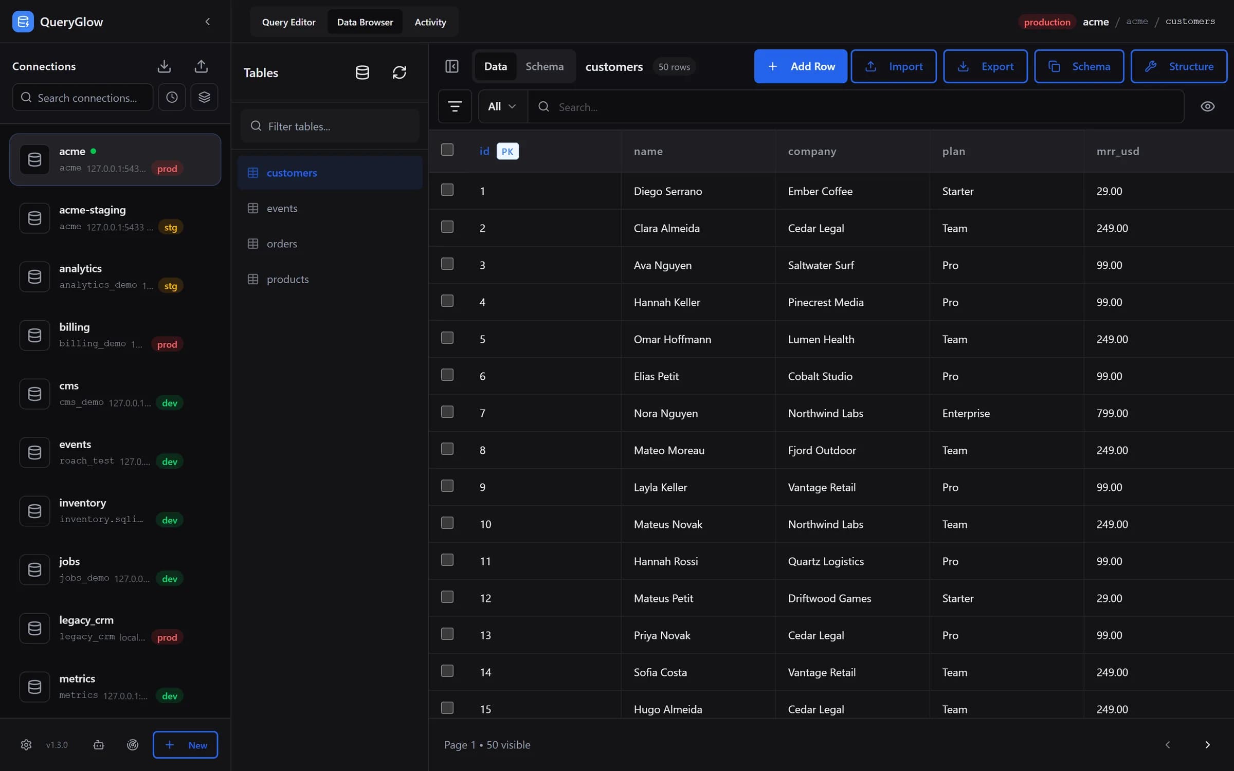 QueryGlow Data Browser in the blue accent color, one of six presets in Preferences