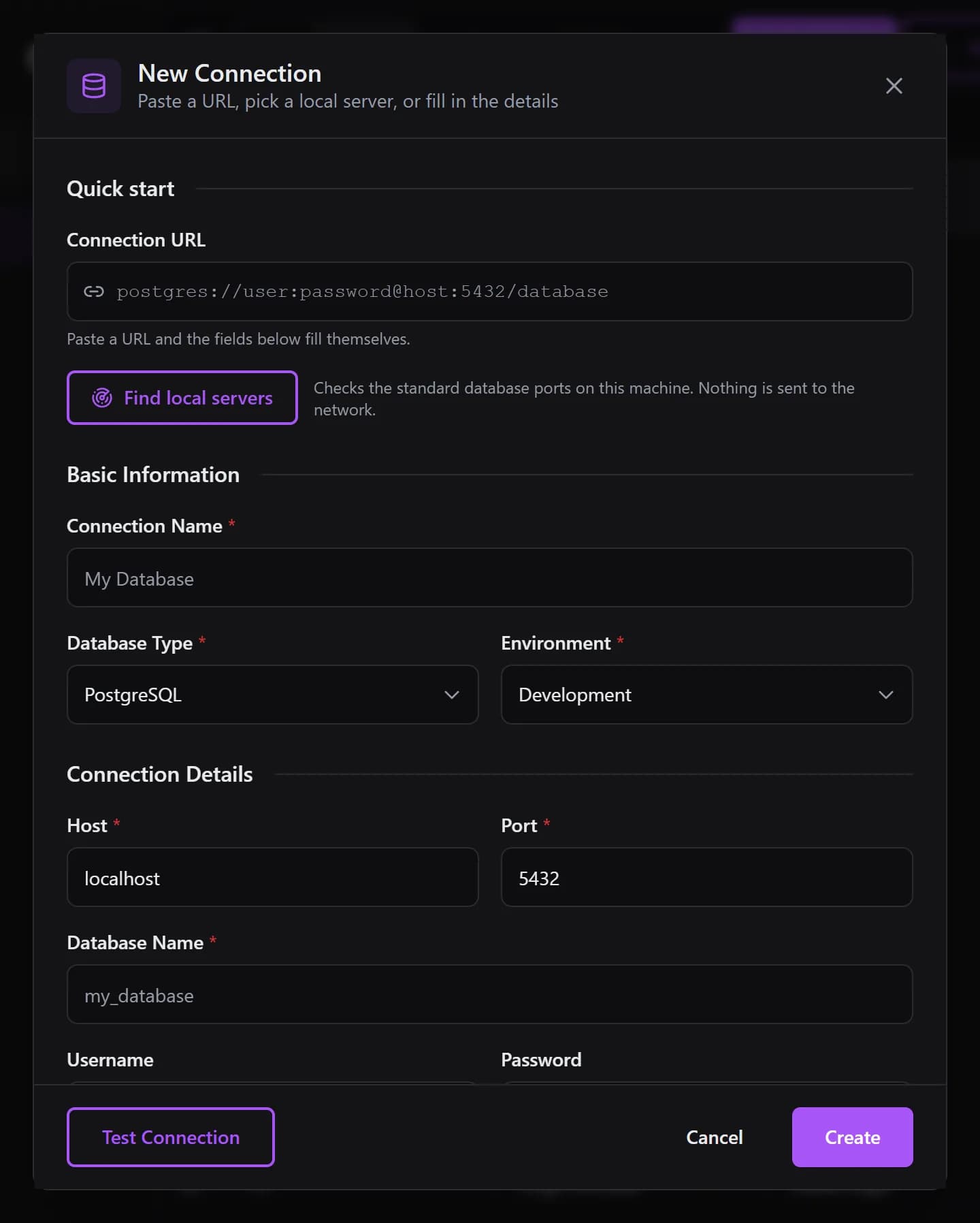 QueryGlow New Connection dialog with the Connection URL field under Quick start