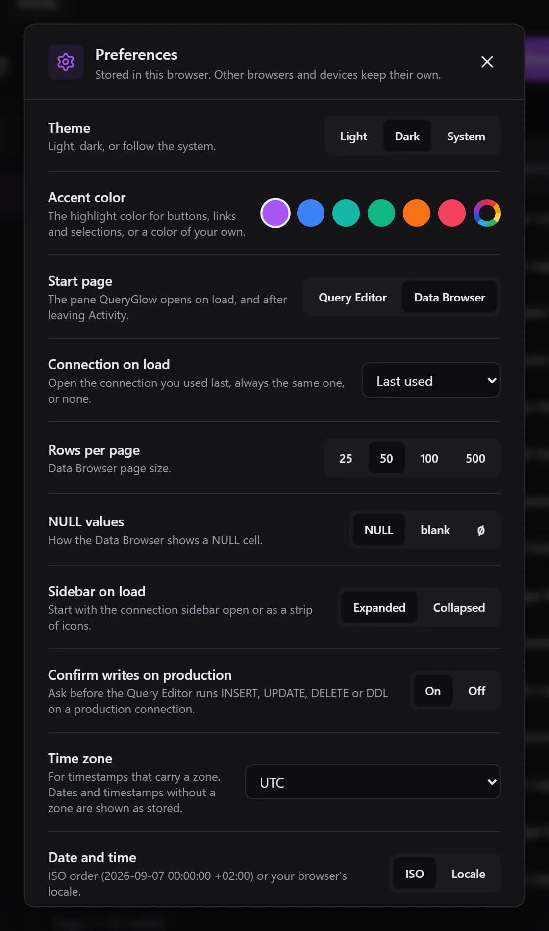 QueryGlow Preferences dialog, upper part: Theme, Accent color, Start page, Connection on load, Rows per page, NULL values, Sidebar on load and Confirm writes on production