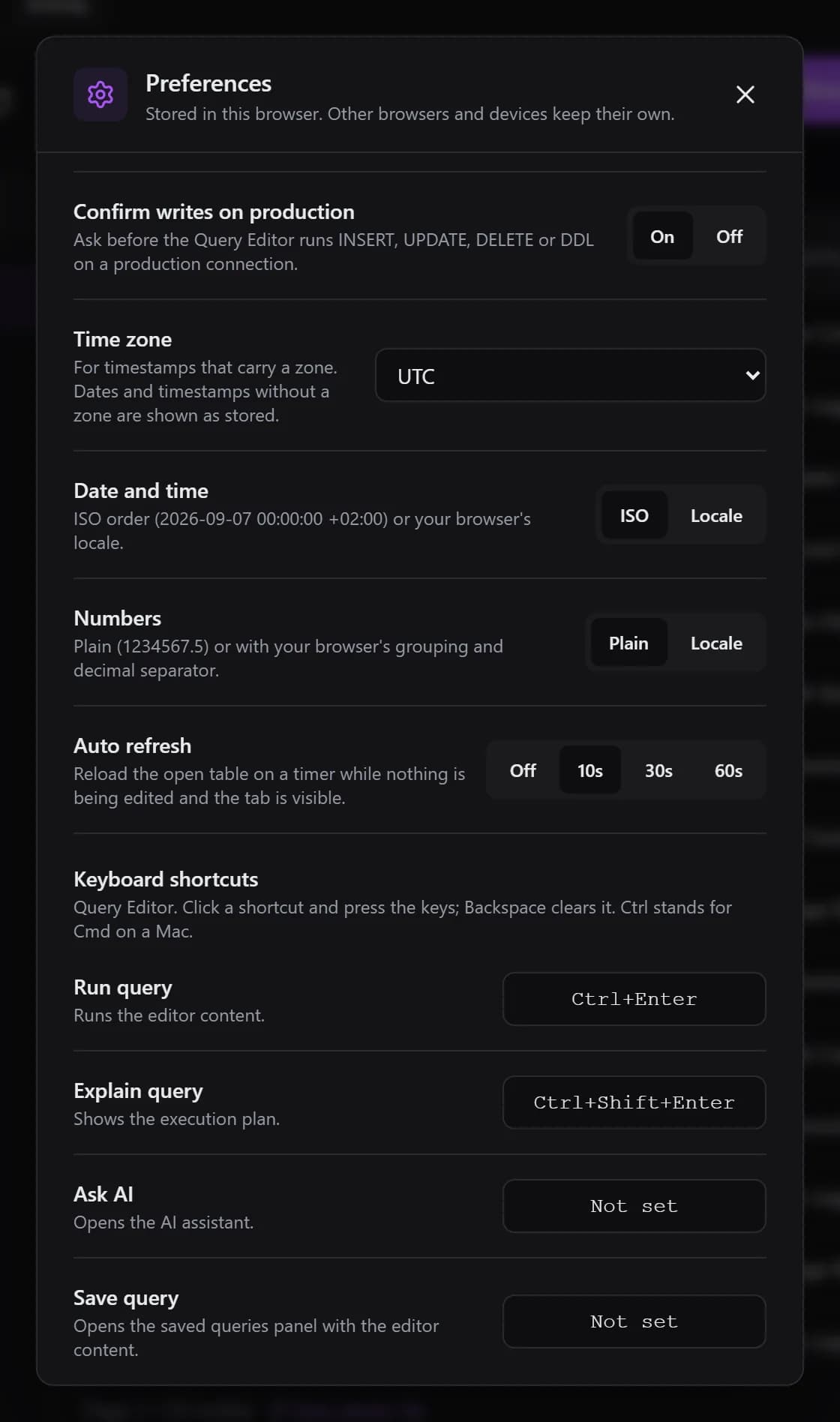 QueryGlow Preferences dialog, lower part: Time zone, Date and time, Numbers, Auto refresh and the Keyboard shortcuts section