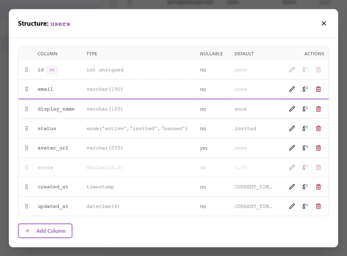 QueryGlow Structure dialog for a MySQL users table: every column row has a grip handle; the score column is being dragged and a purple insertion line shows it will land between email and display_name